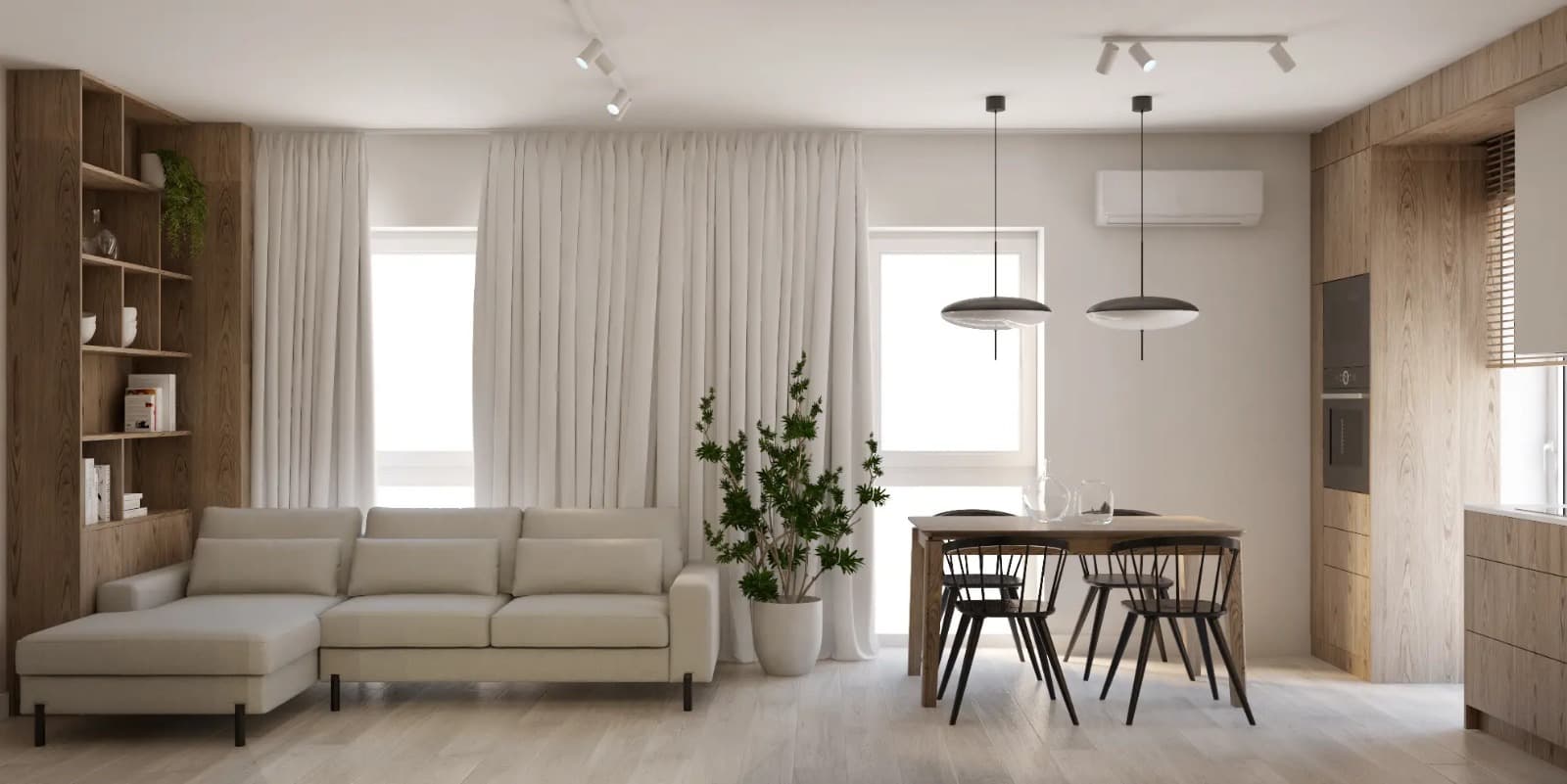 Eleganckie wnętrze z zasłonami i roślinami